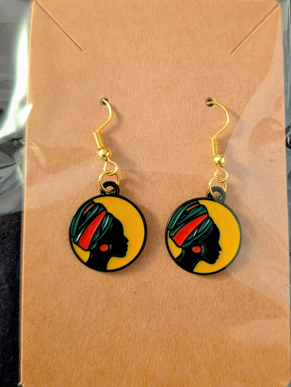 Hand Crafted Yellow Afro Silhouette Drop Earrings with Green and Red Accents